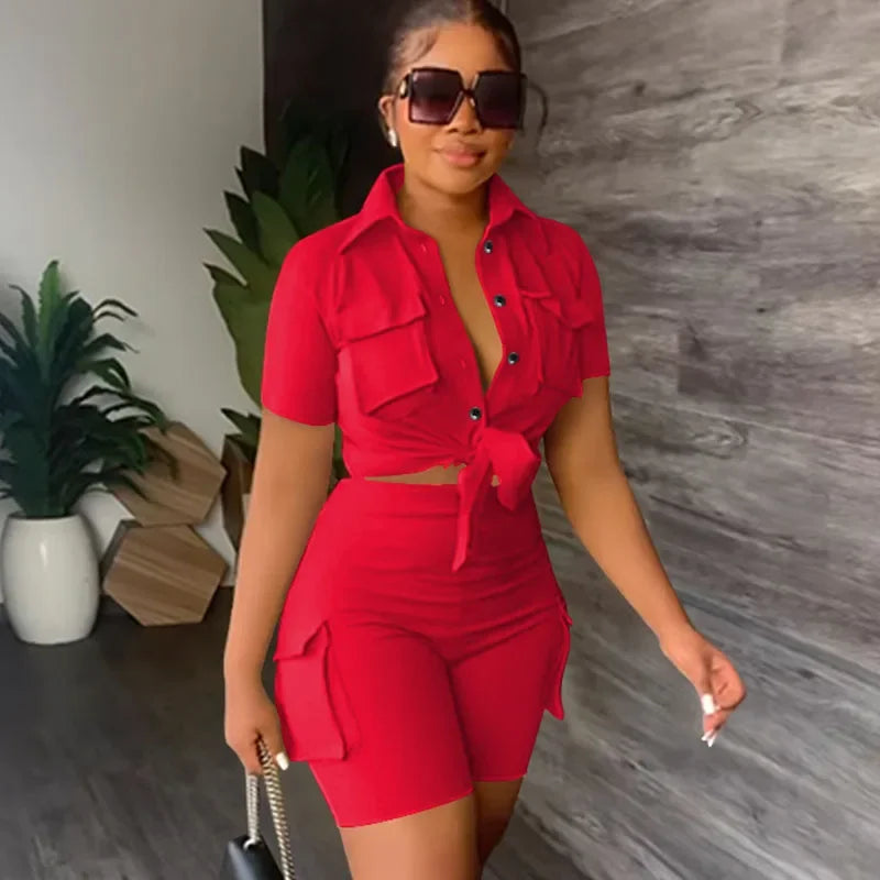 elegant Two Piece Set for Women Summer Outfits Pockets Short Sleeve Button-Up Shirt Top Short Sets Party Club Matching Sets