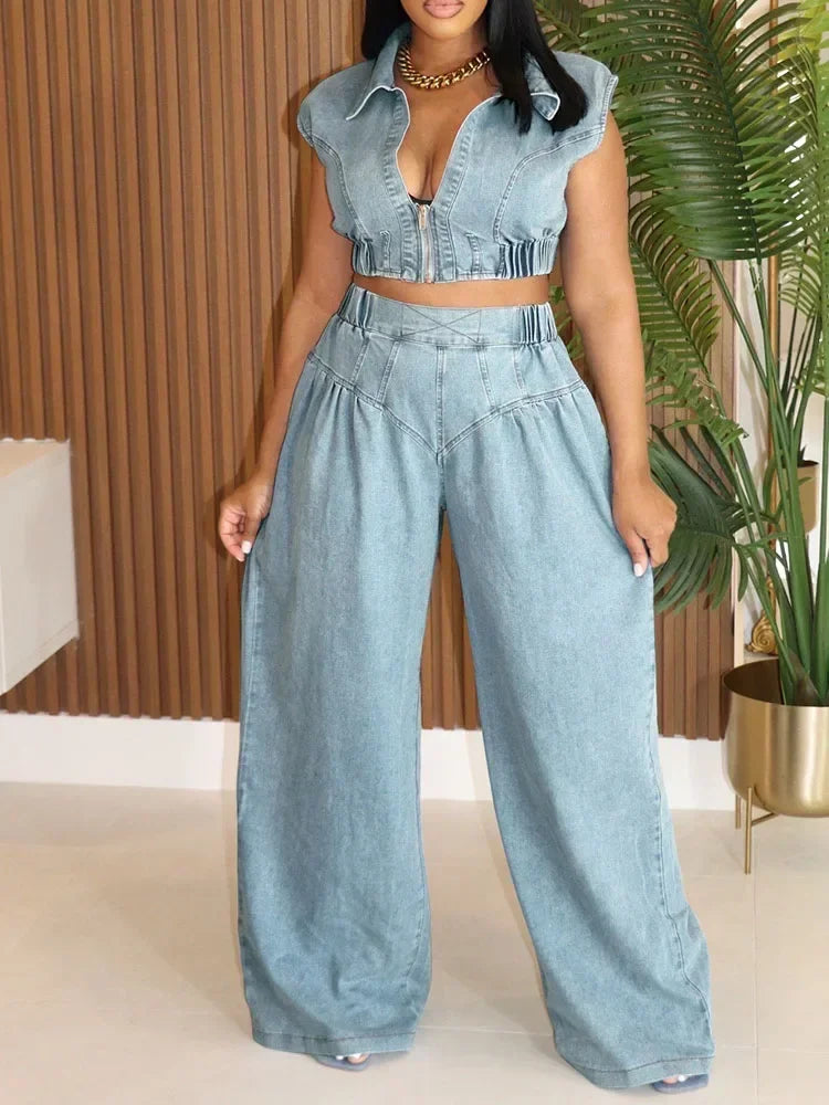 Women 2 Piece  Jeans Zipper Cropped Top and Loose Wide Leg Pants Matching Sets
