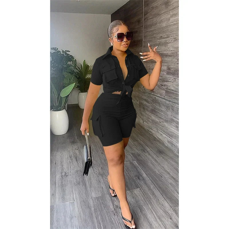 elegant Two Piece Set for Women Summer Outfits Pockets Short Sleeve Button-Up Shirt Top Short Sets Party Club Matching Sets