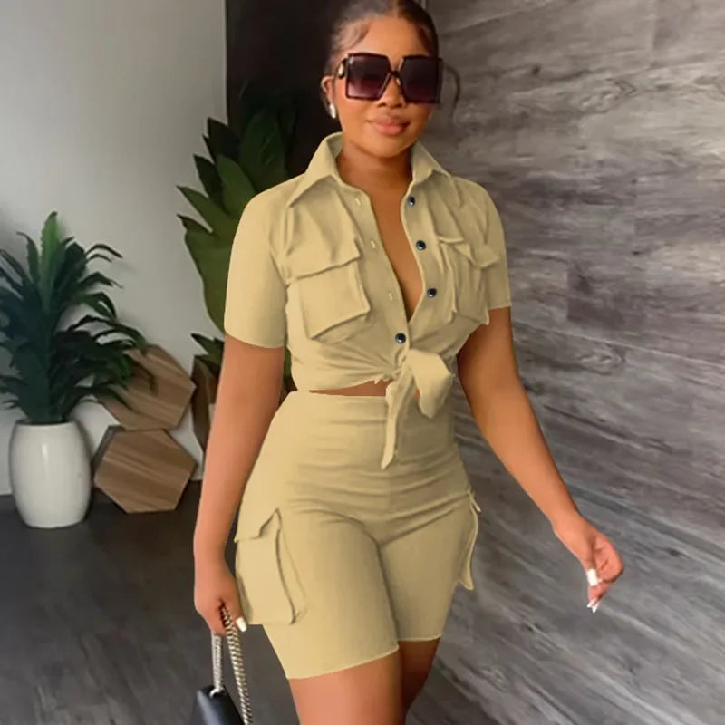 elegant Two Piece Set for Women Summer Outfits Pockets Short Sleeve Button-Up Shirt Top Short Sets Party Club Matching Sets