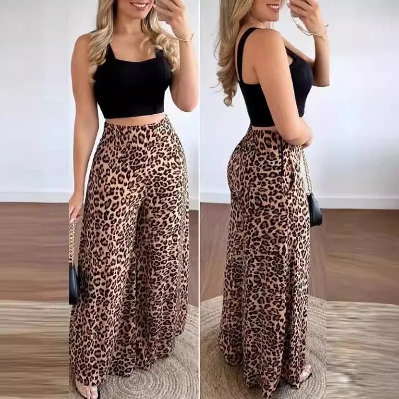 Two Piece Sets Outfits 2024 Summer Fashion Square Neck Sleeveless Crop Tank Top & Leopard Print Pocket Wide Leg Pants Set
