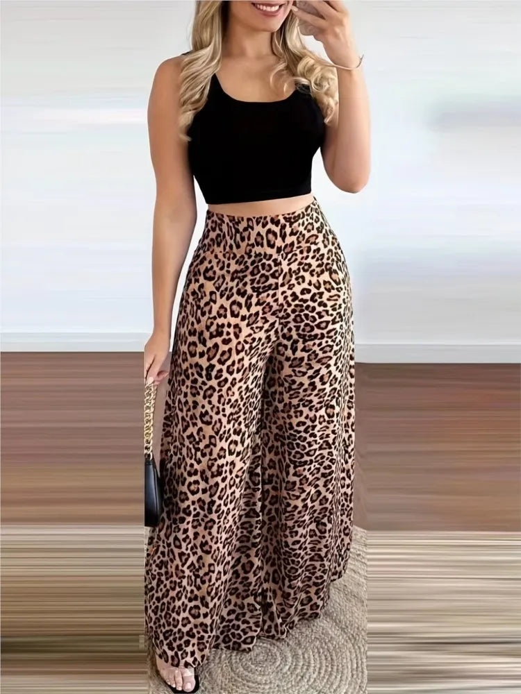 Two Piece Sets Outfits 2024 Summer Fashion Square Neck Sleeveless Crop Tank Top & Leopard Print Pocket Wide Leg Pants Set