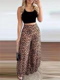 Two Piece Sets Outfits 2024 Summer Fashion Square Neck Sleeveless Crop Tank Top & Leopard Print Pocket Wide Leg Pants Set