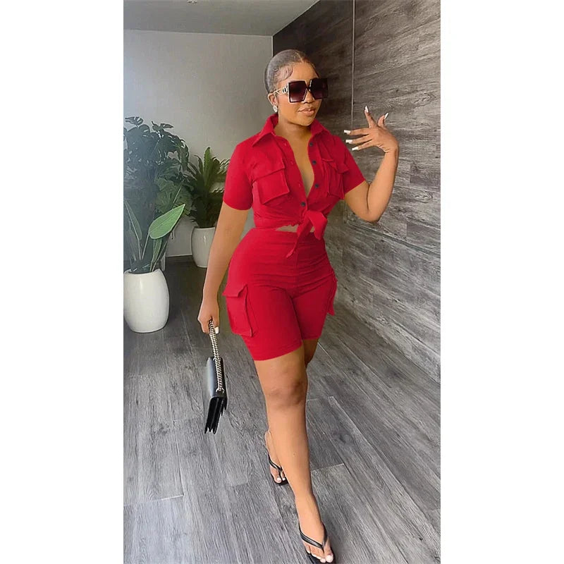 elegant Two Piece Set for Women Summer Outfits Pockets Short Sleeve Button-Up Shirt Top Short Sets Party Club Matching Sets