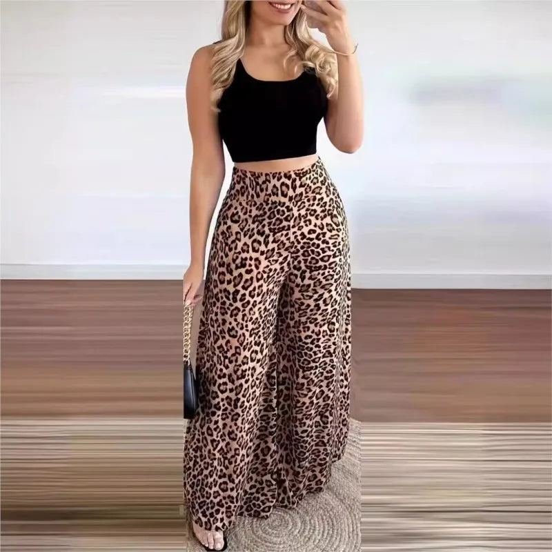 Two Piece Sets Outfits 2024 Summer Fashion Square Neck Sleeveless Crop Tank Top & Leopard Print Pocket Wide Leg Pants Set