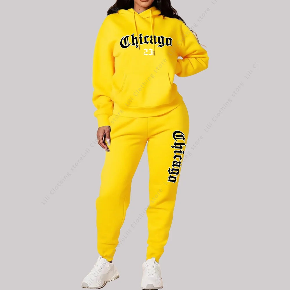 Women's Sets Hoodies Pants 2 Piece Outfits Aesthetic Sportswear Sweatsuit Chicago Graphic Letter Print Plus Size Pink Tracksuit