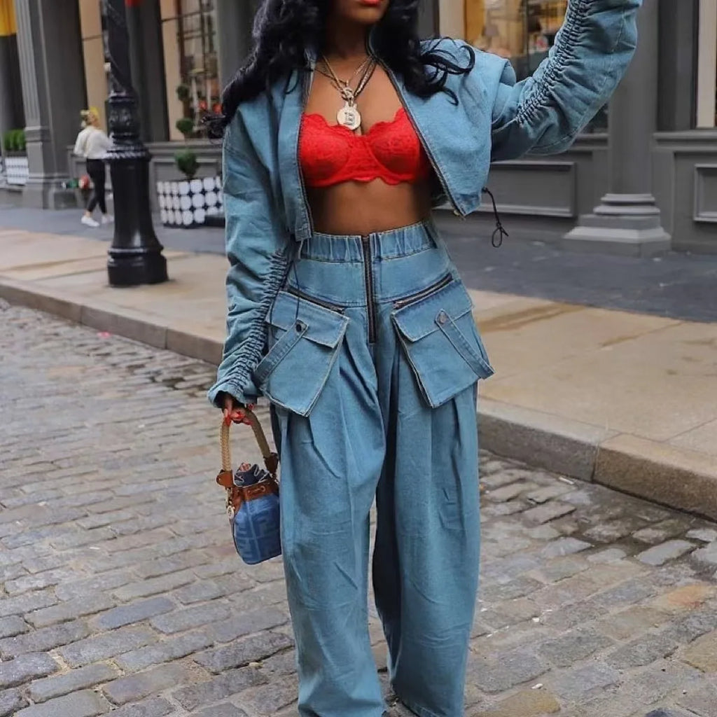 2 Piece Sets Women Vintage Wide Leg Pants Coat Outfits Zipper Pockets