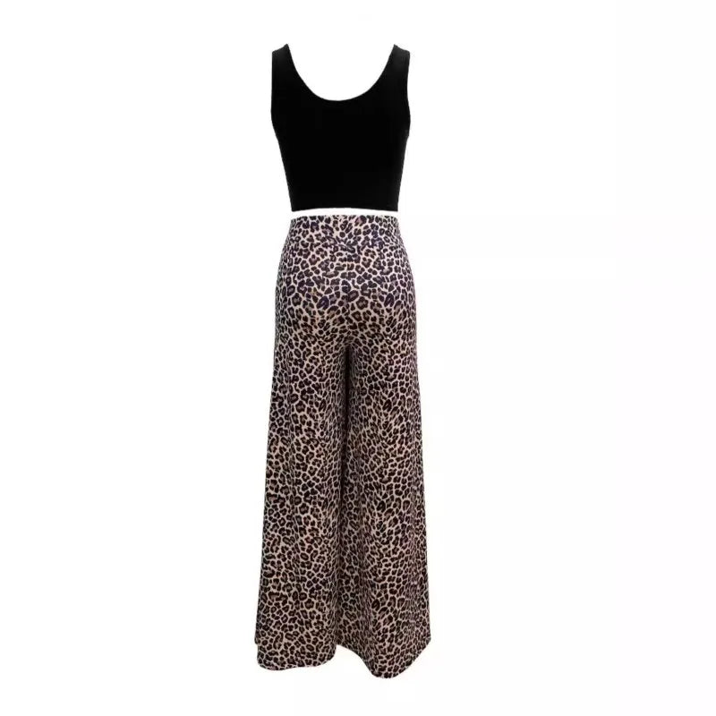 Two Piece Sets Outfits 2024 Summer Fashion Square Neck Sleeveless Crop Tank Top & Leopard Print Pocket Wide Leg Pants Set
