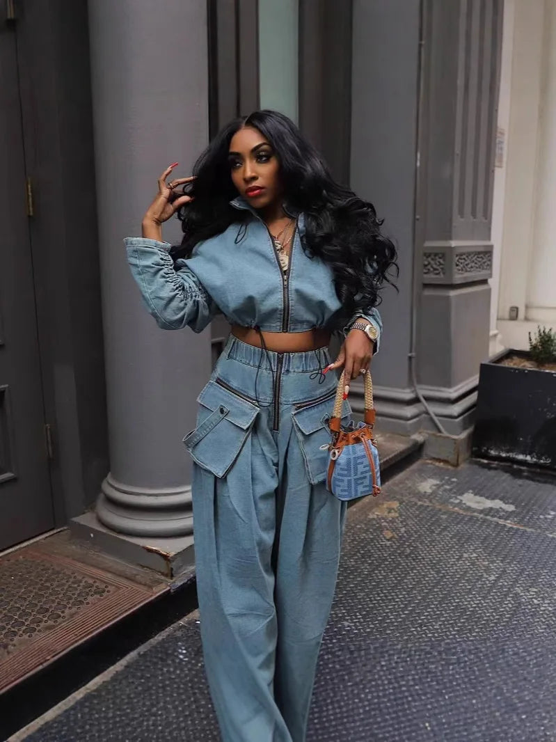 2 Piece Sets Women Vintage Wide Leg Pants Coat Outfits Zipper Pockets