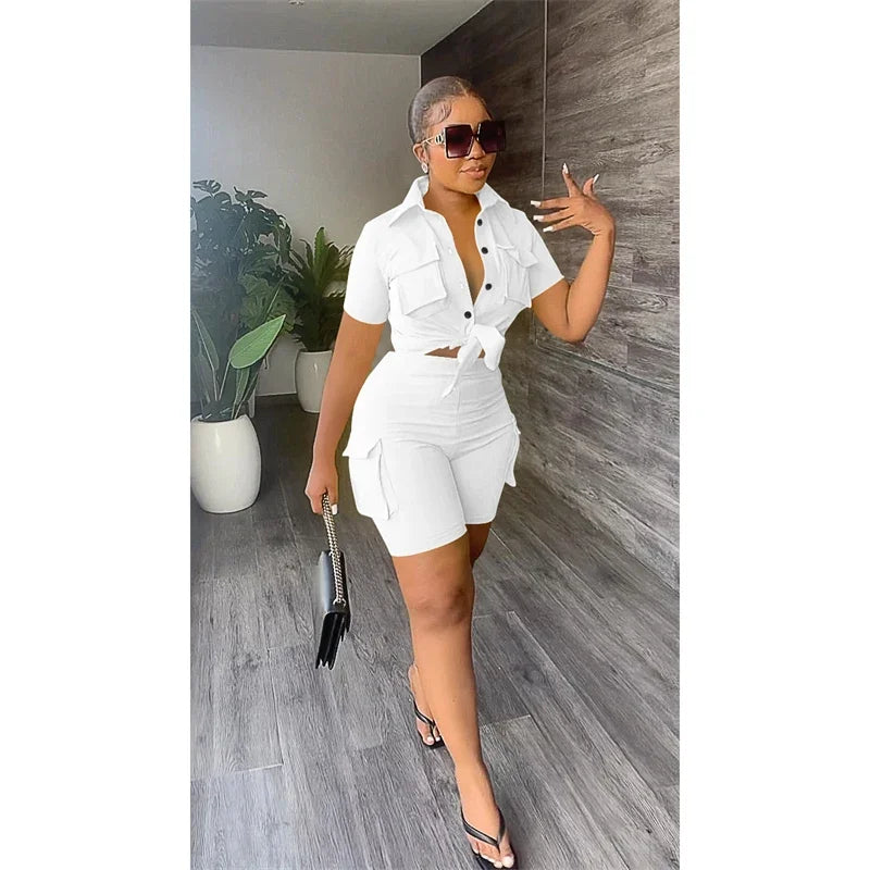 elegant Two Piece Set for Women Summer Outfits Pockets Short Sleeve Button-Up Shirt Top Short Sets Party Club Matching Sets