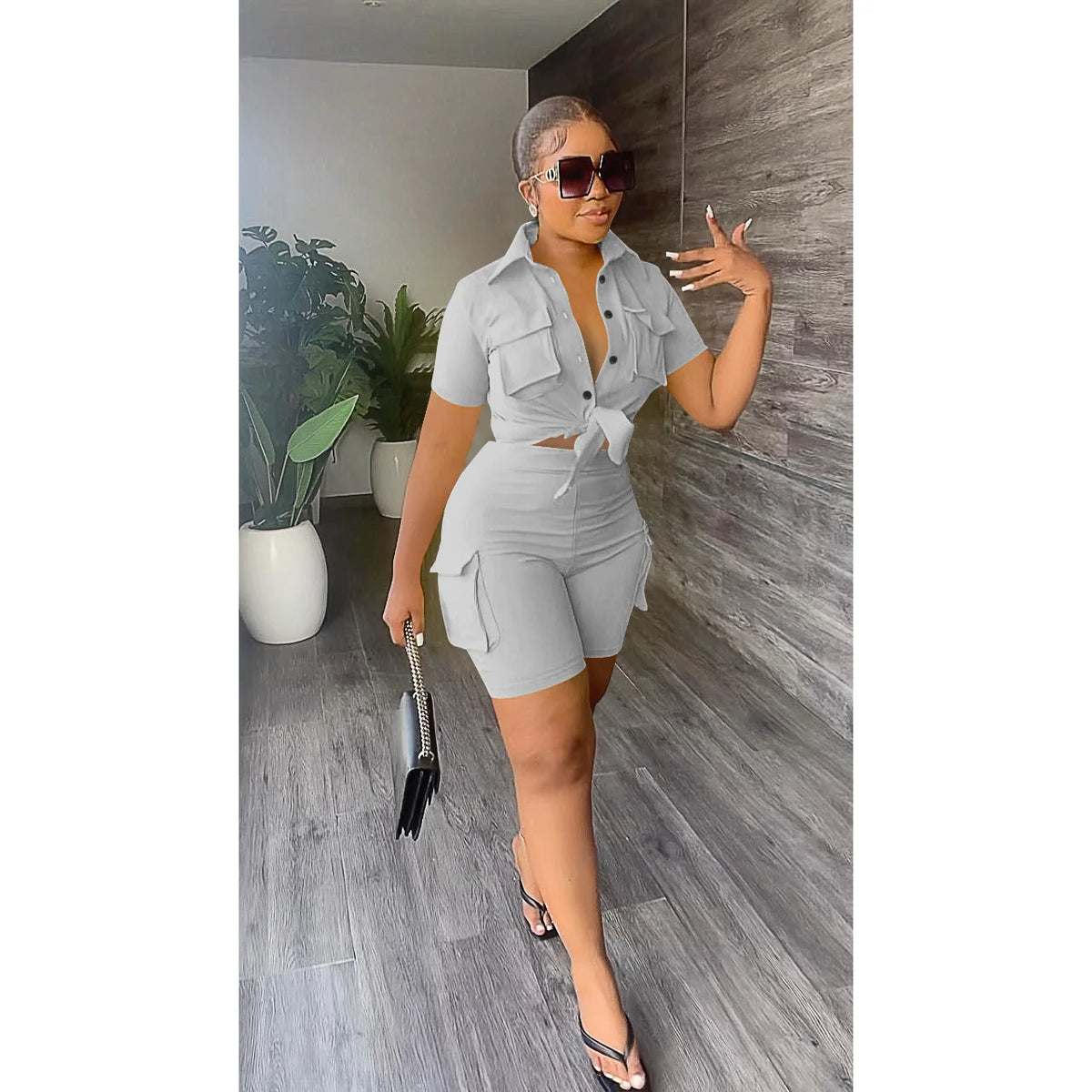elegant Two Piece Set for Women Summer Outfits Pockets Short Sleeve Button-Up Shirt Top Short Sets Party Club Matching Sets