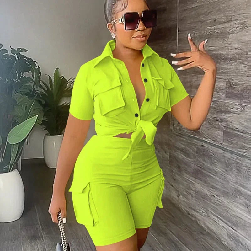 elegant Two Piece Set for Women Summer Outfits Pockets Short Sleeve Button-Up Shirt Top Short Sets Party Club Matching Sets