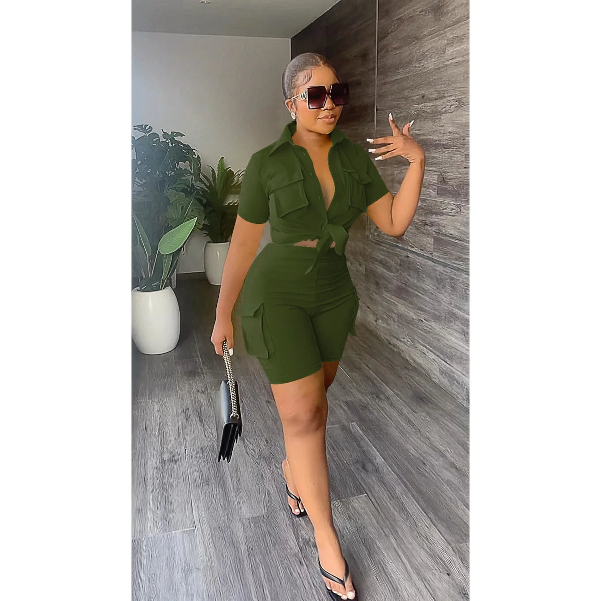 elegant Two Piece Set for Women Summer Outfits Pockets Short Sleeve Button-Up Shirt Top Short Sets Party Club Matching Sets