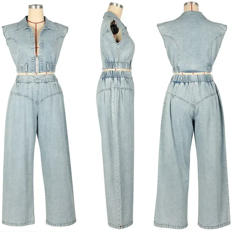 Women 2 Piece  Jeans Zipper Cropped Top and Loose Wide Leg Pants Matching Sets