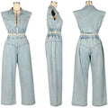 Women 2 Piece  Jeans Zipper Cropped Top and Loose Wide Leg Pants Matching Sets