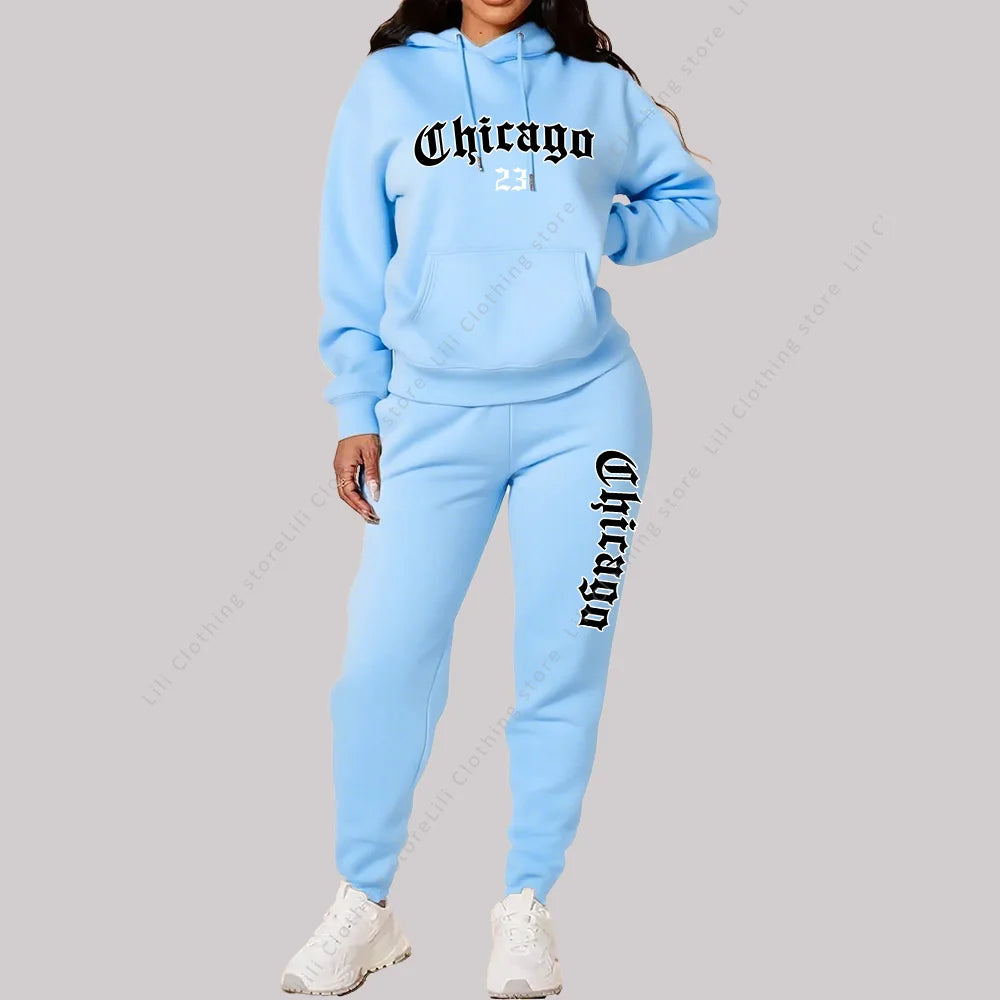 Women's Sets Hoodies Pants 2 Piece Outfits Aesthetic Sportswear Sweatsuit Chicago Graphic Letter Print Plus Size Pink Tracksuit