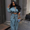 2 Piece Sets Women Vintage Wide Leg Pants Coat Outfits Zipper Pockets