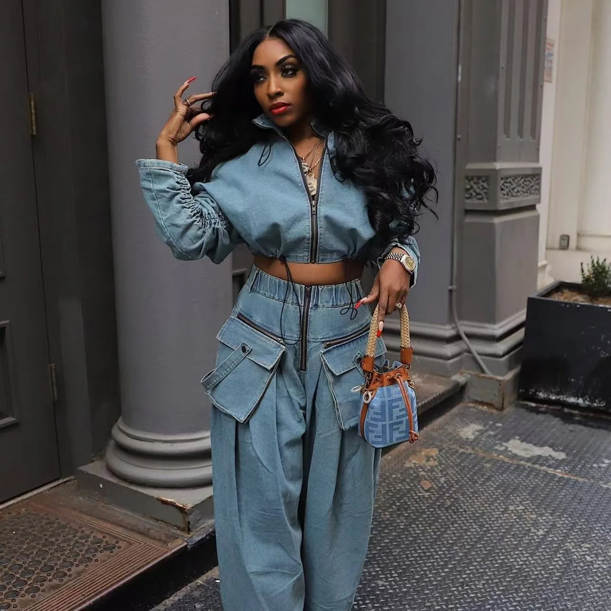 2 Piece Sets Women Vintage Wide Leg Pants Coat Outfits Zipper Pockets
