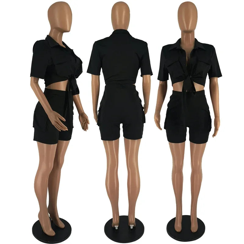 elegant Two Piece Set for Women Summer Outfits Pockets Short Sleeve Button-Up Shirt Top Short Sets Party Club Matching Sets