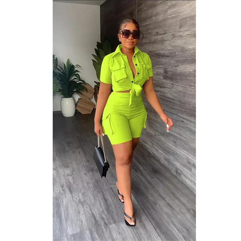 elegant Two Piece Set for Women Summer Outfits Pockets Short Sleeve Button-Up Shirt Top Short Sets Party Club Matching Sets